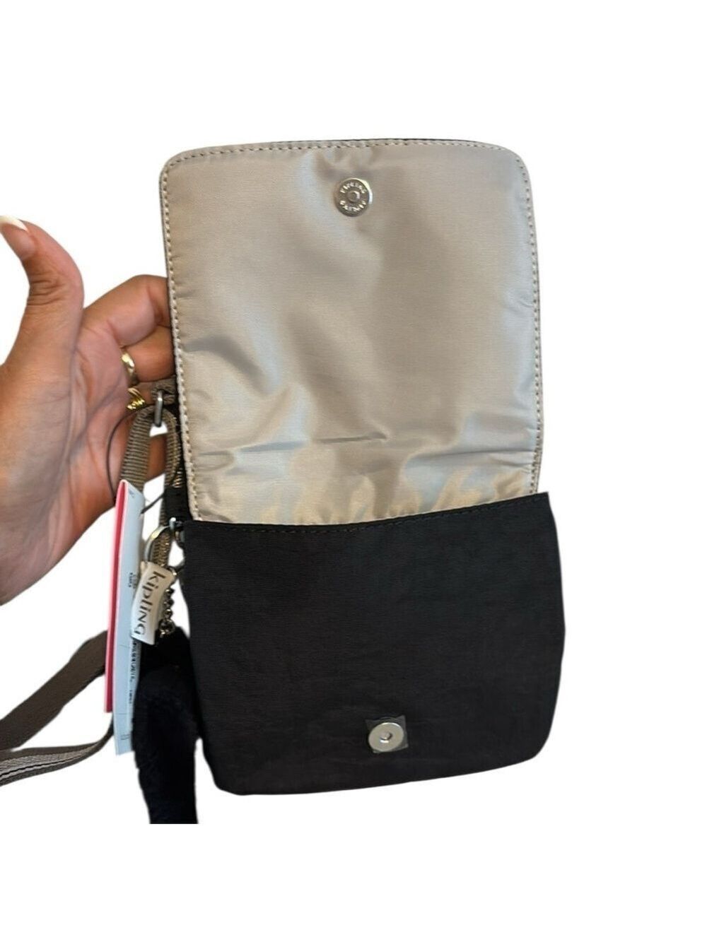 Kipling Crossbody Bag Silver Stripe Strap Multi Pocket Monkey Keychain Black New - Picture 6 of 9